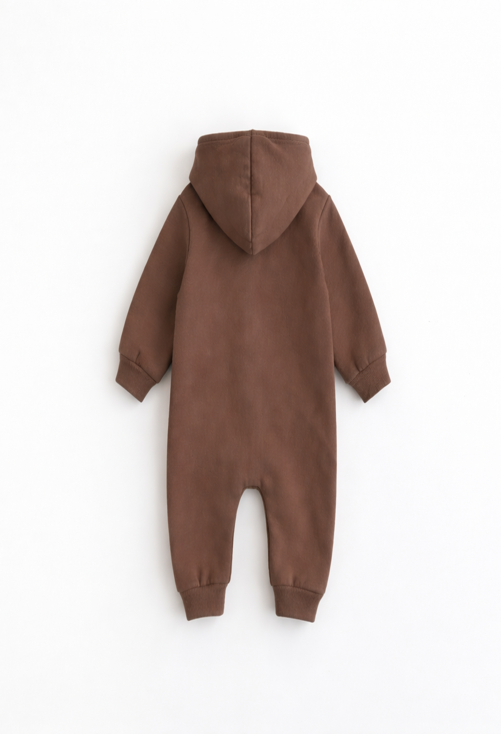 Brown children's onesie with a hood on a white background