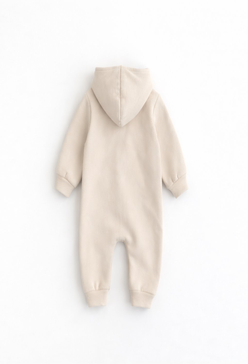 Beige baby onesie with a hood on a white background