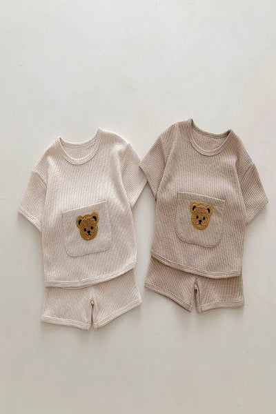 Babies Waffle-Knit Bear Print 2-Piece Outfit Set | Infants - Children