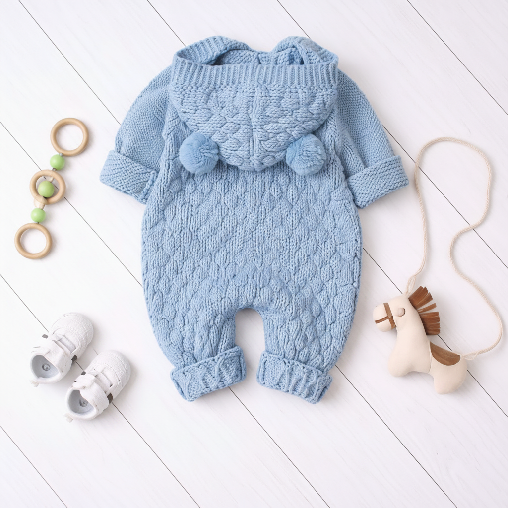 Light blue knitted hooded jumpsuit with toys