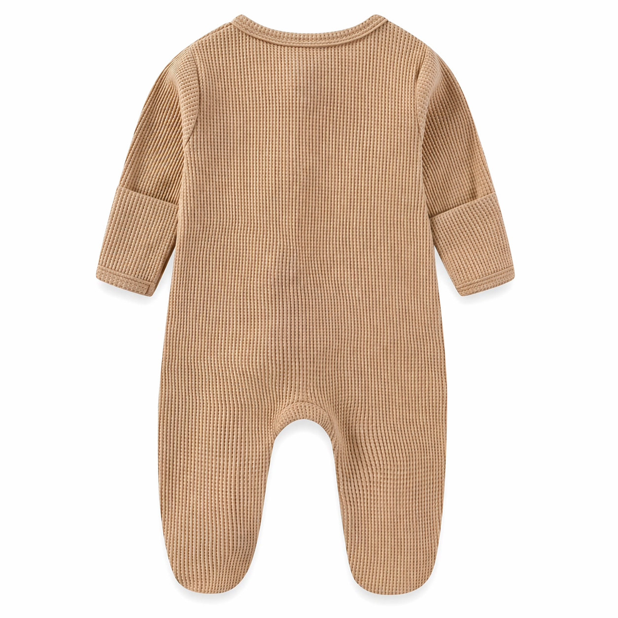Camel baby onesie on a light beige background with a green leaf.