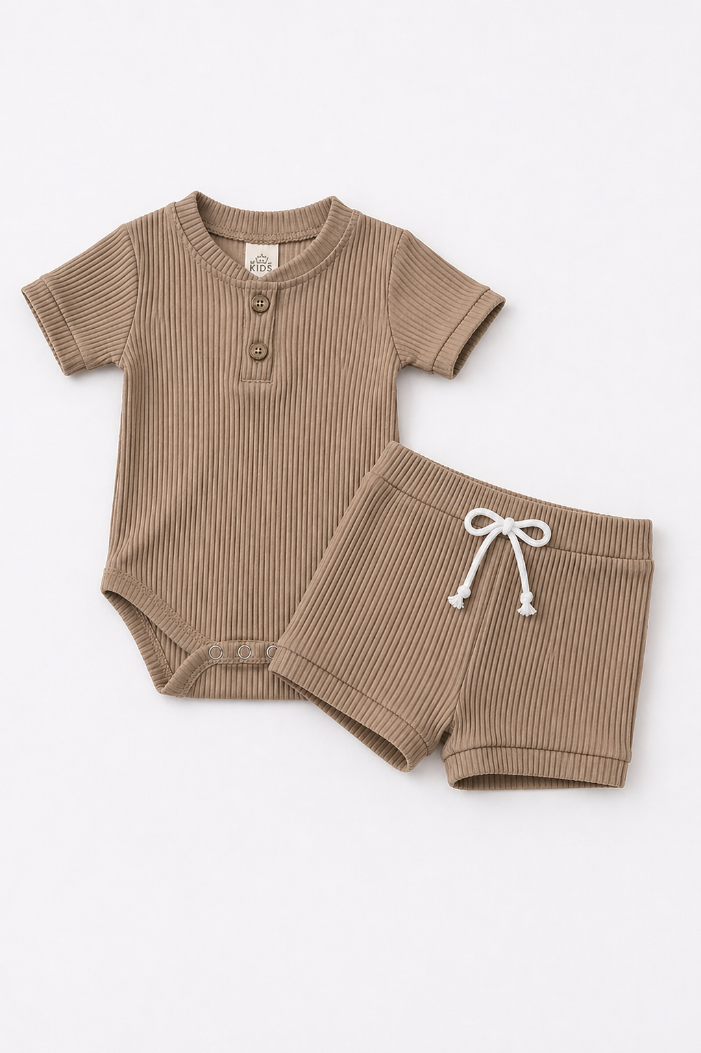 Mochaccino ribbed baby onesie and shorts set on a white background