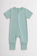 Turquoise green baby onesie with a zipper on a white background