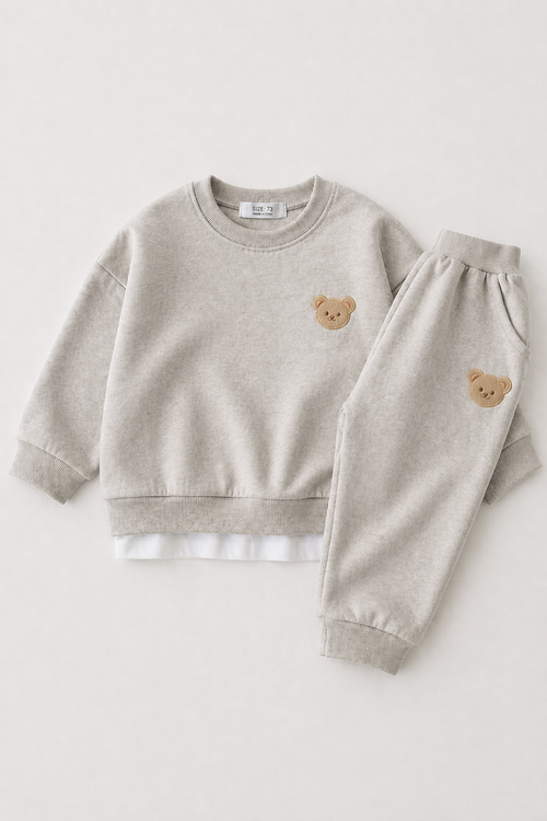 Heather grey sweatshirt and pants set with bear embroidery on a white background