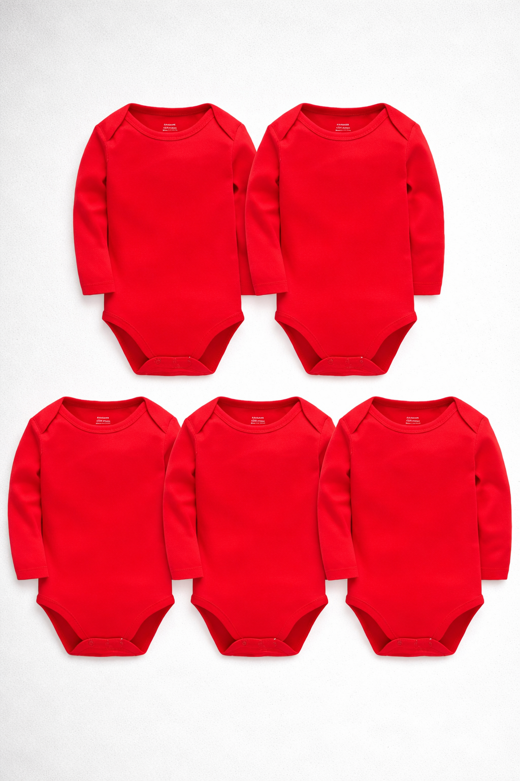 Five red baby bodysuits arranged in a pyramid formation on a white 