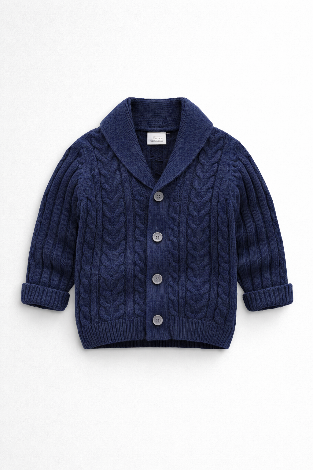 Navy blue knitted cardigan with buttons on a white background