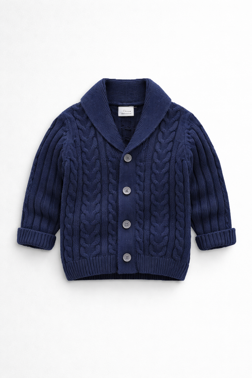 Navy blue knitted cardigan with buttons on a white background
