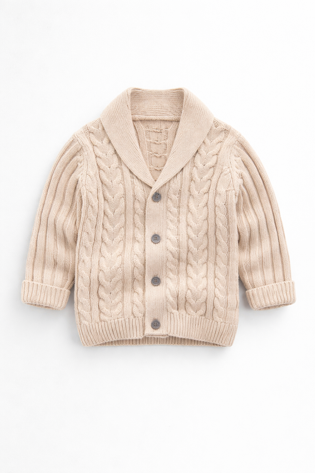 Khaki cable knit cardigan with buttons on a white background