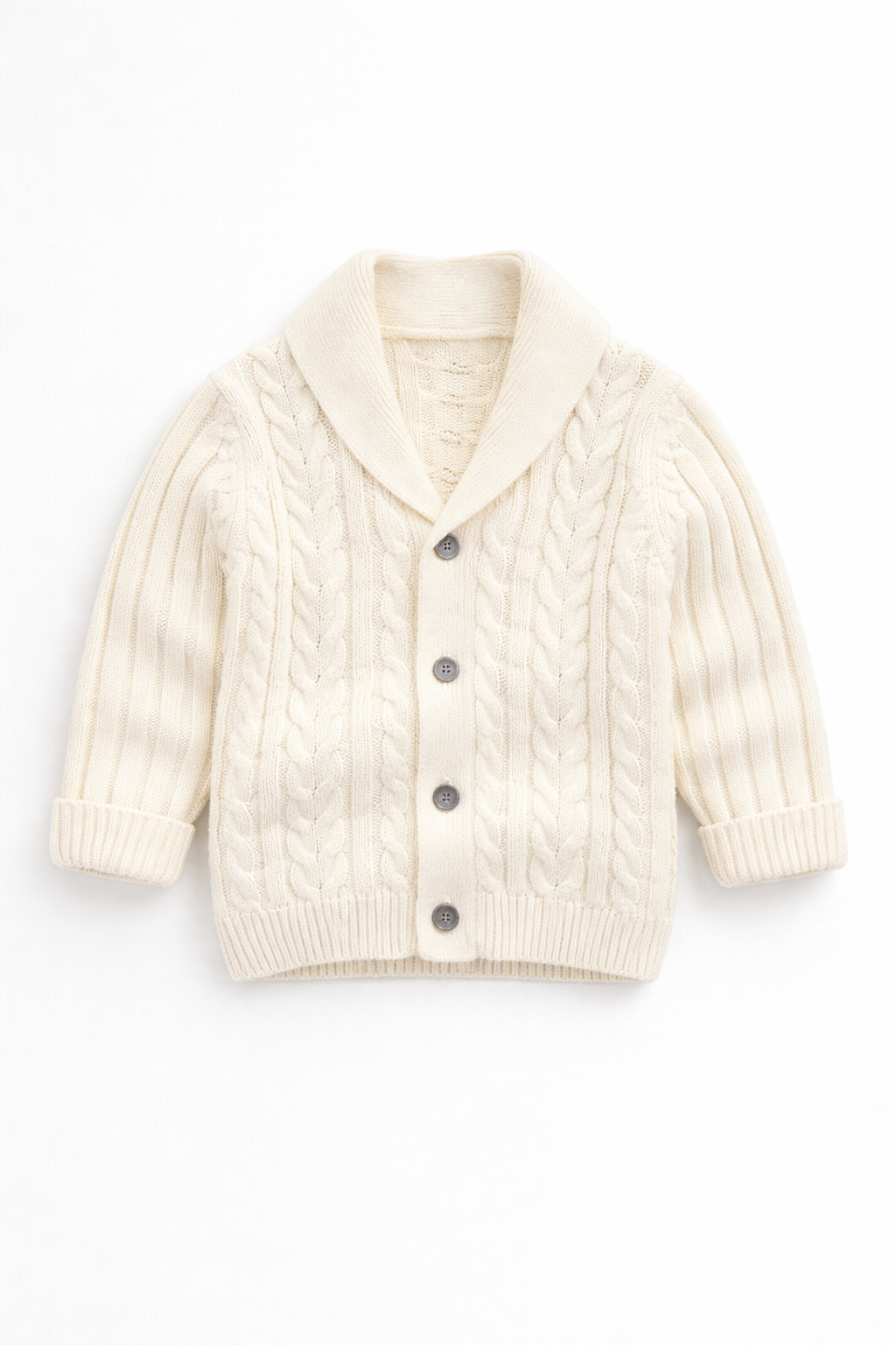 Beige cable knit cardigan with buttons on a white background
