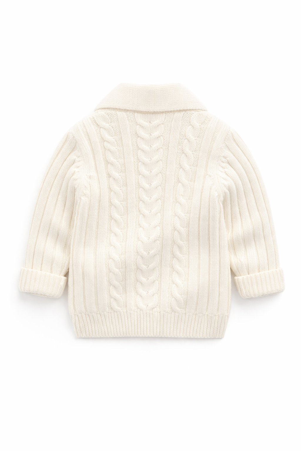 Beige cable knit sweater on a white background