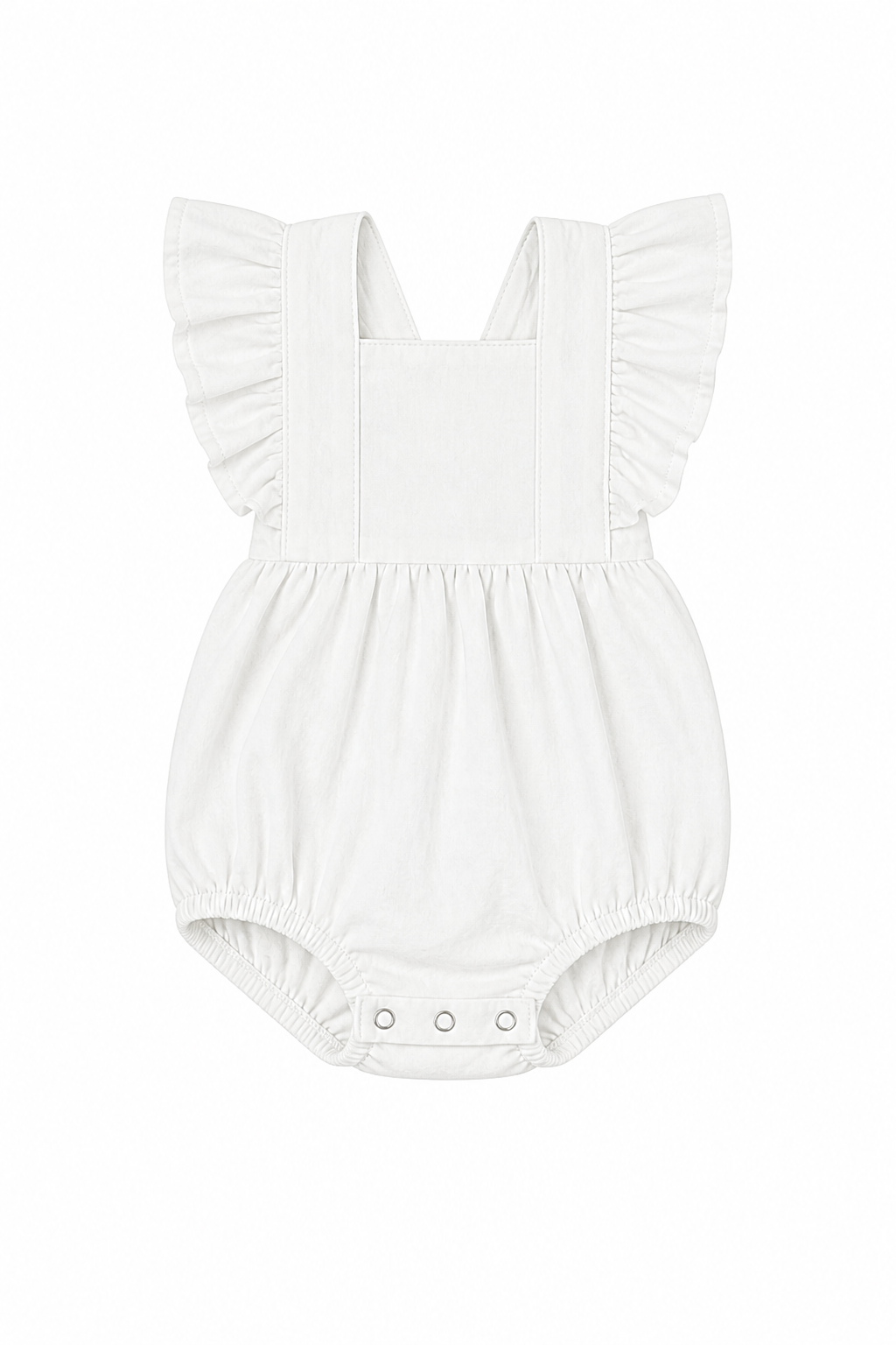 White baby romper with ruffled straps on a white background