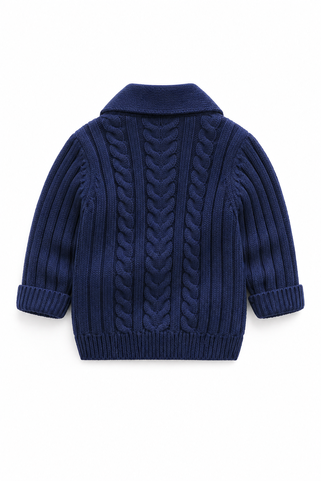 Navy blue knitted sweater with cable pattern on a white background