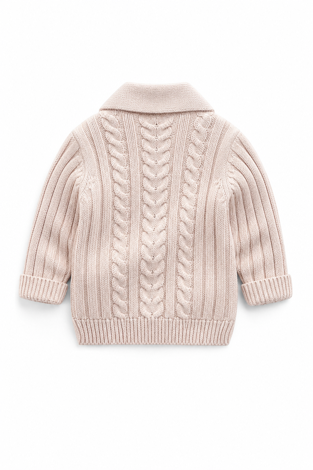 Khaki cable knit sweater on a white background