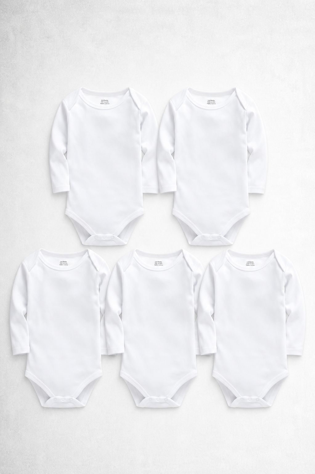 Five white baby bodysuits on a white background