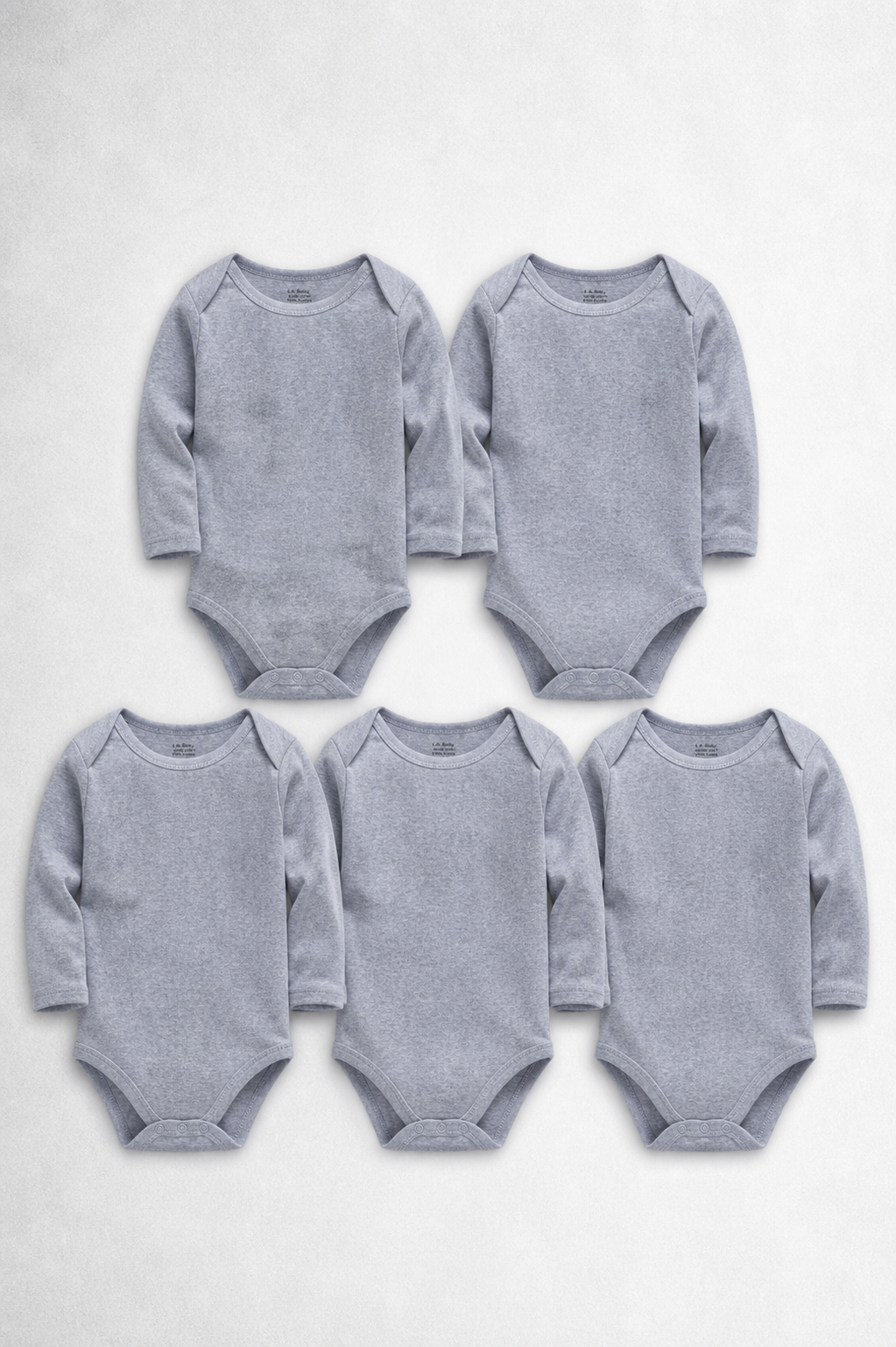 Five heather grey baby bodysuits arranged in two rows on a white background