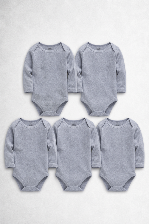 Five heather grey baby bodysuits arranged in two rows on a white background