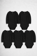 Five black baby onesies arranged in a pyramid formation on a light grey background.
