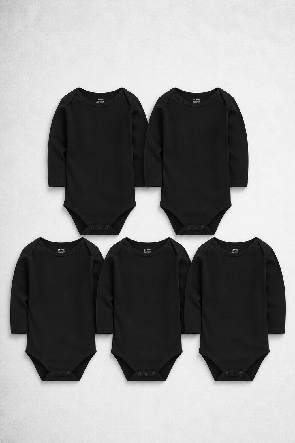 Five black baby onesies arranged in a pyramid formation on a light grey background.