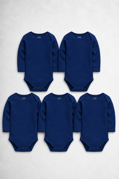 Five navy blue baby rompers arranged in a pyramid formation on a white 
